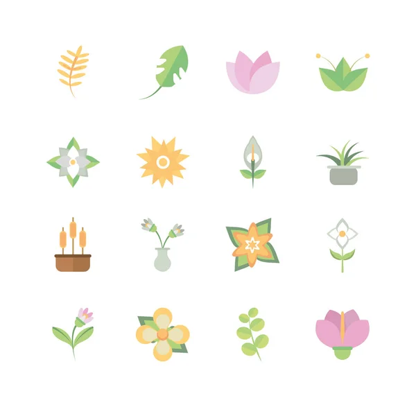 Bloemblaadjes decoratiopn natuurlijke bloemen botanische pictogrammen set — Stockvector