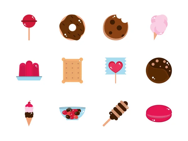 Sweet confectionery snack food candy icons collection — Stock Vector