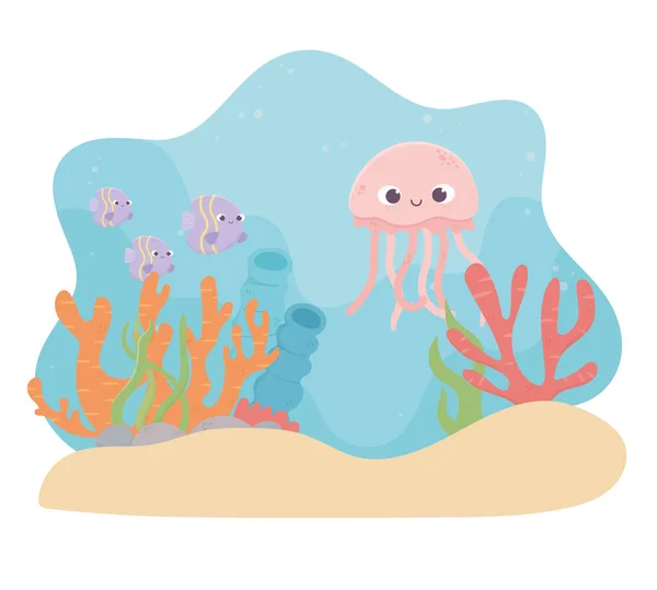 Ubur-ubur ikan hidup kartun terumbu karang di bawah laut - Stok Vektor