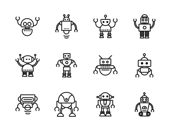 Robot tecnología carácter artificial máquina iconos conjunto lineal — Vector de stock