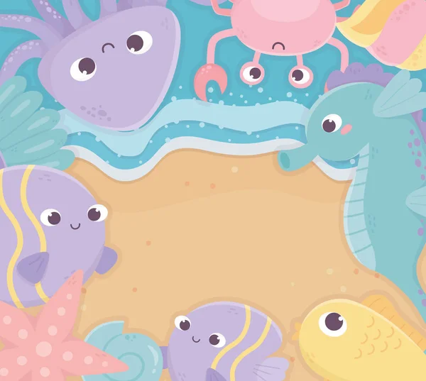 Seepferdchen-Krake Seesterne Fische Muschellebewesen Zeichentrick unter dem Meer — Stockvektor