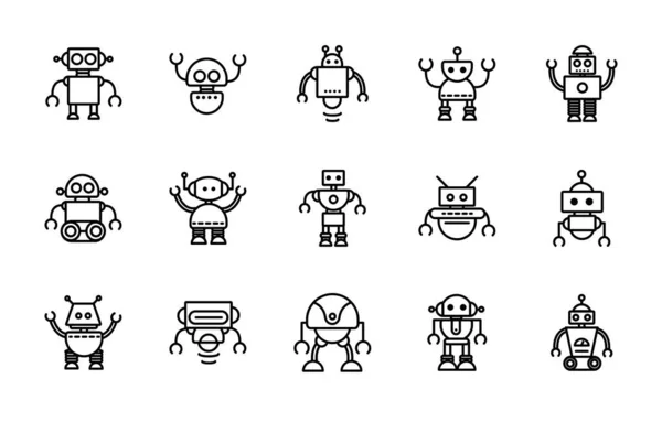 Tecnologia robô personagem ícones máquina artificial conjunto linear — Vetor de Stock