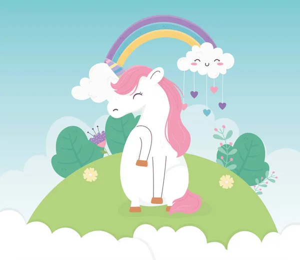 Unicorn landscape cloud hearts rainbow fantasy cute cartoon — Διανυσματικό Αρχείο