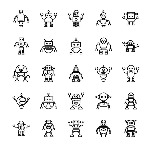 Robot tecnología carácter artificial máquina iconos conjunto lineal — Vector de stock