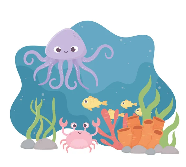 Octopus crab fishes life coral reef cartoon under the sea — Stockvektor