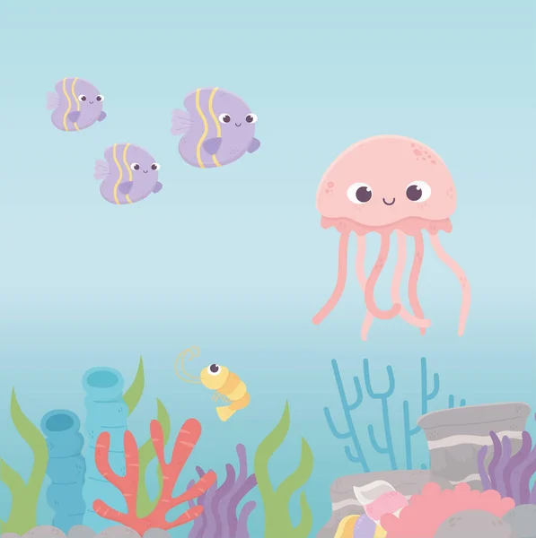 Medusas peixes camarão vida recife de coral desenhos animados sob o mar —  Vetores de Stock