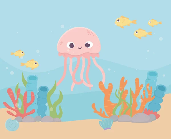 Jellyfish fishes sand life coral reef cartoon under the sea — Wektor stockowy
