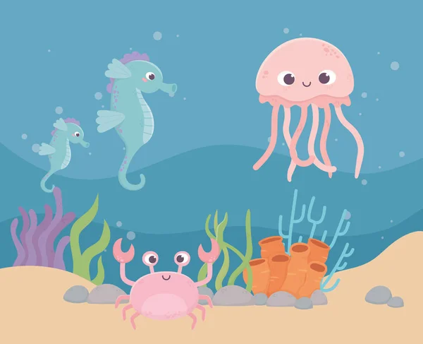 Jellyfish seahorses crab life coral reef cartoon under the sea — Stockvektor