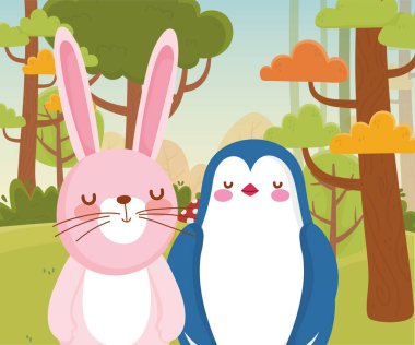 Şirin tavşan ve penguen doğası orman yeşillikleri