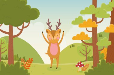 Elleri havada şirin bir geyik, orman manzarası.