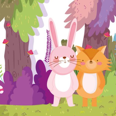 Küçük tilki ve tavşan çizgi film karakteri orman yeşillik doğa manzarası