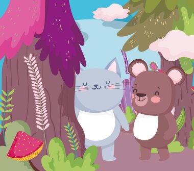 Küçük kedi ve oyuncak ayı çizgi film karakteri orman yeşillik doğa manzarası