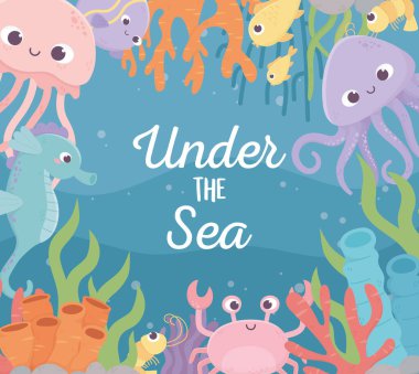 Denizanası ahtapotu karides yengeci avlar mercan resifleri denizin altında çizgi film yapar.