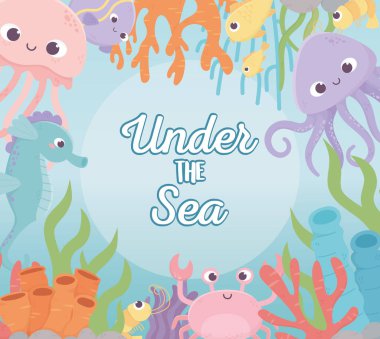 ahtapot denizanası yengeci karides balığı mercan resif karikatürü avlar denizin altında