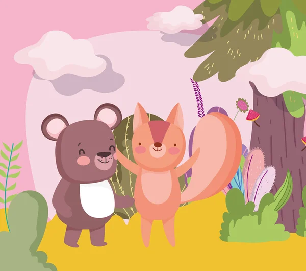 Pequeno ursinho de pelúcia e esquilo desenho animado personagem floresta folhagem natureza paisagem —  Vetores de Stock