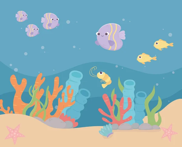 Peces camarones estrellas de mar vida coral arrecife de dibujos animados bajo el mar — Vector de stock