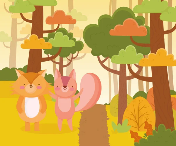 可爱的松鼠狐狸小径森林树木自然景观 — 图库矢量图片