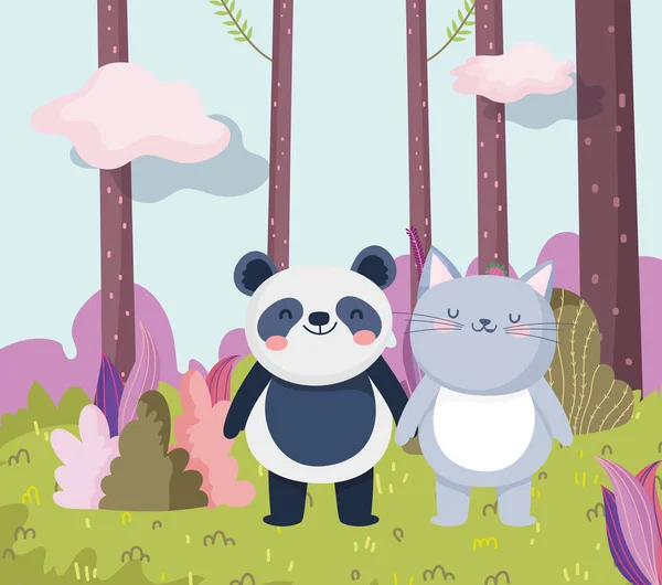 Pequeño gato y panda dibujos animados carácter bosque follaje naturaleza paisaje — Vector de stock