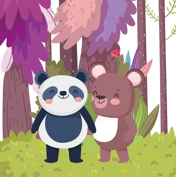 Kleine panda en beer cartoon karakter bos gebladerte natuur landschap — Stockvector