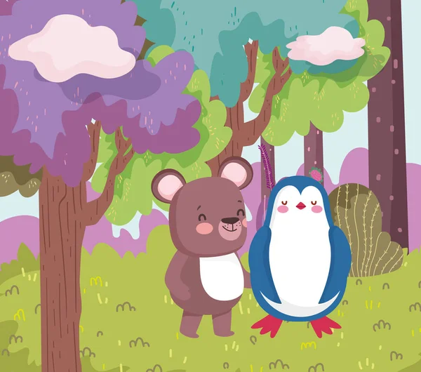 Piccolo pinguino e orsacchiotto personaggio dei cartoni animati foresta fogliame natura paesaggio — Vettoriale Stock