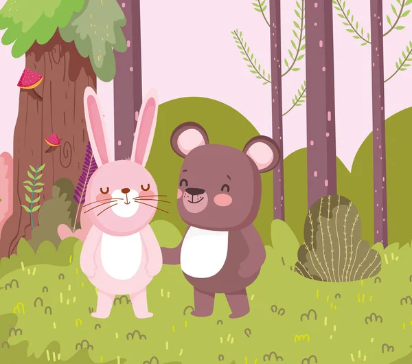 Mały królik i niedźwiedź postać z kreskówki las liście krajobraz przyroda — Wektor stockowy