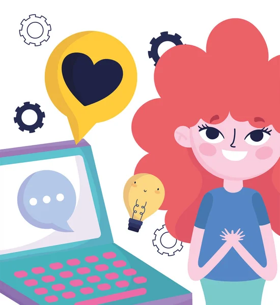 Jovem mulher mídia social laptop criatividade mensagem amor — Vetor de Stock