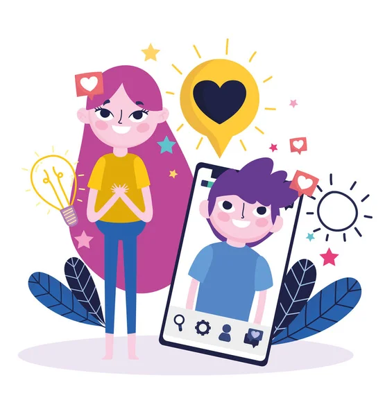 Młoda kobieta i chłopiec czat smartfon romantyczny social media — Wektor stockowy
