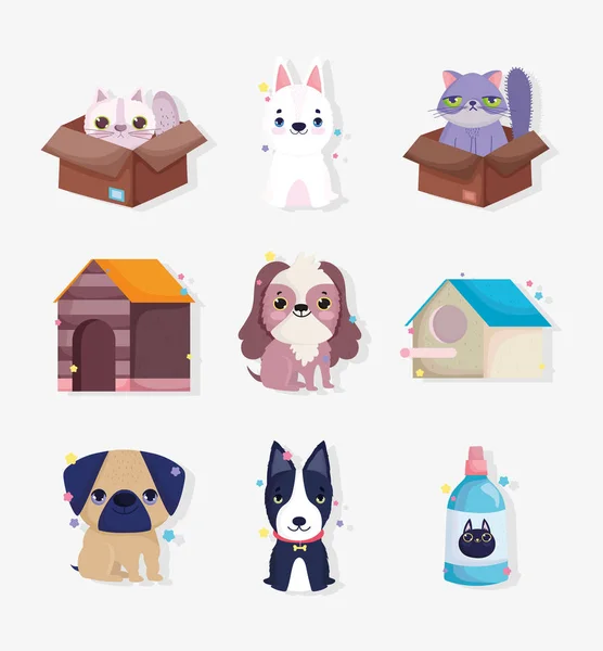 Petits chiens chats animaux de dessin animé domestique, animaux de collection — Image vectorielle