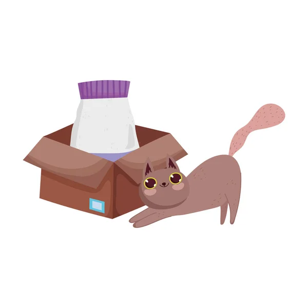 Hnědá kočka s potravinovým balíčkem v kartónové krabici domácí zvířata — Stockový vektor