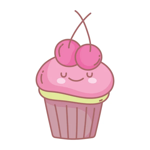 Édes cupcake cseresznye gyümölcs menü étterem rajzfilm élelmiszer aranyos — Stock Vector