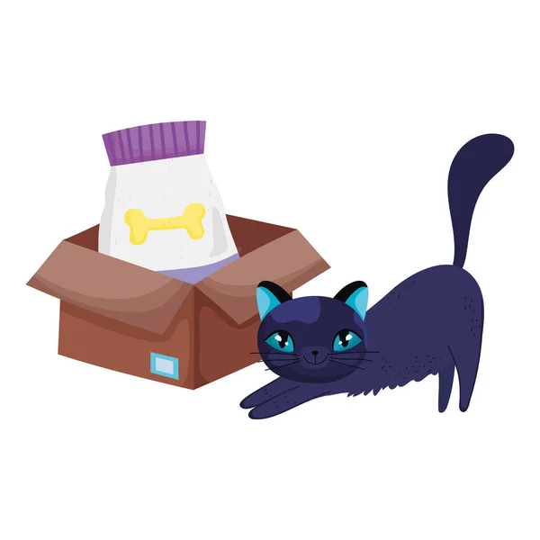 Gato con comida en caja felino dibujos animados mascotas — Vector de stock