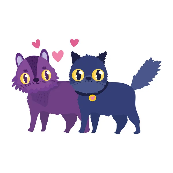 Cute cats love hearts domestic feline cartoon pets — Stock Vector