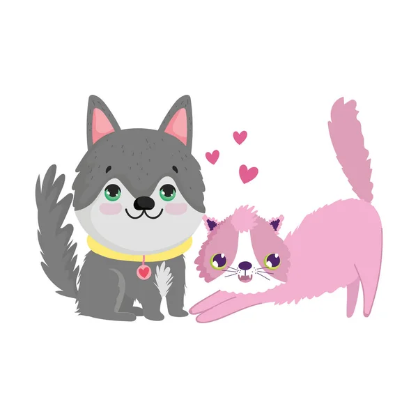 Husky perro y gato canino felino dibujos animados encantadoras mascotas — Archivo Imágenes Vectoriales