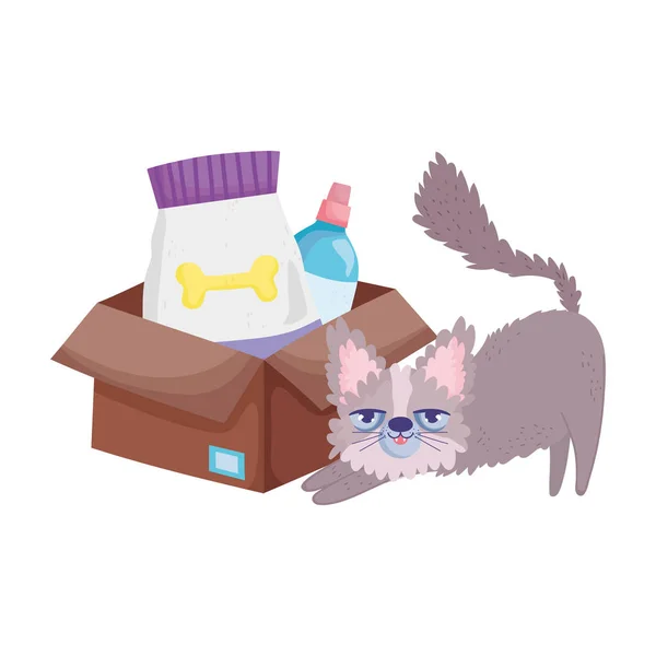 Zilált macska élelmiszer-csomag és állat-egészségügyi palack háziállat — Stock Vector