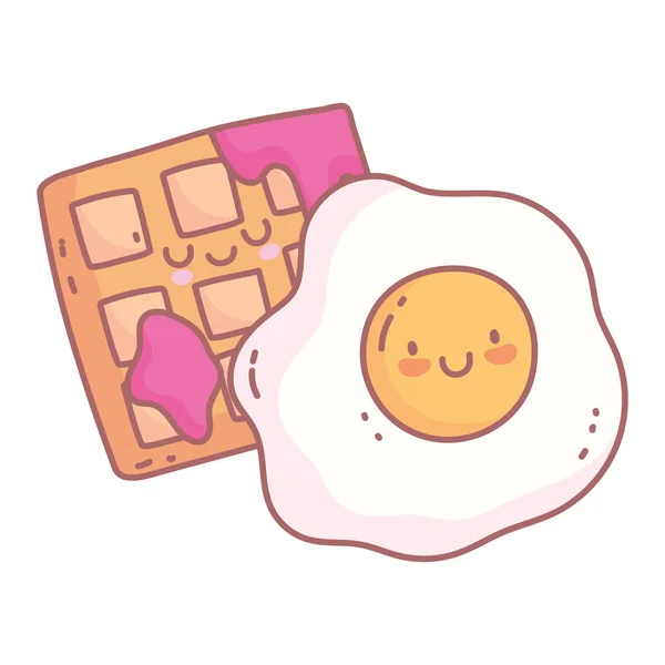 Жареное яйцо и вафли с джем меню ресторана мультфильм еда мило — стоковый вектор