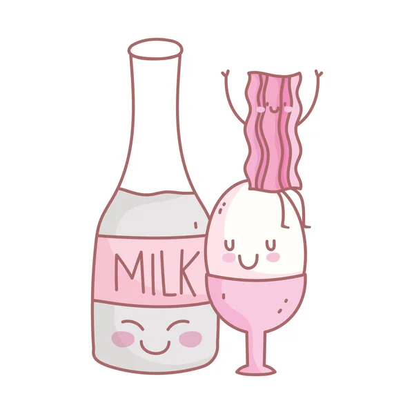 Láhev mléka vařené vejce a slanina menu restaurace jídlo roztomilé — Stockový vektor