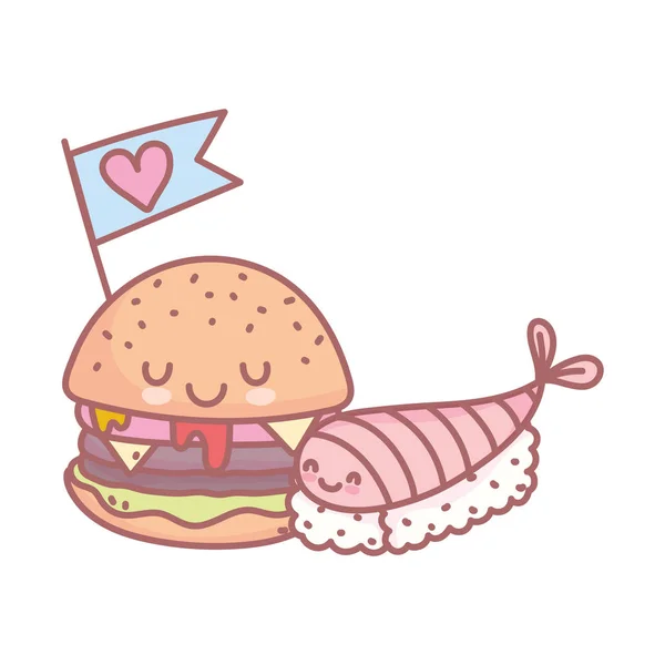 Suşi ve hamburger, aşk menüsünde restoran yemekleri çok tatlı. — Stok Vektör