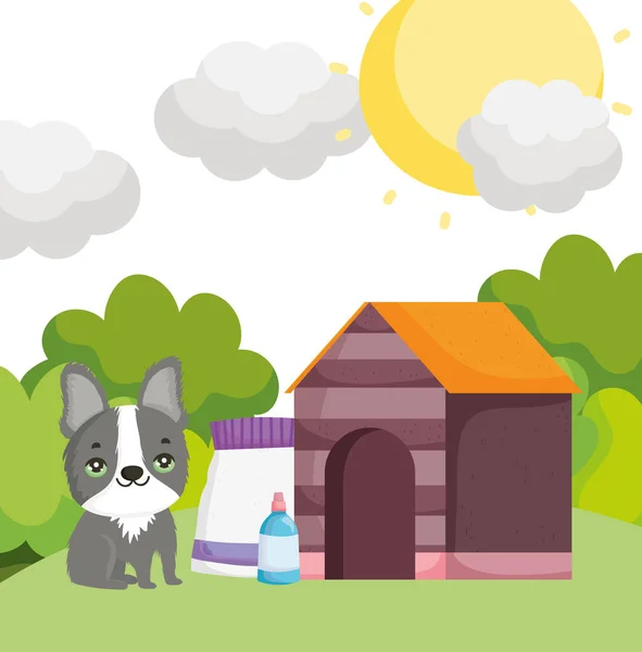 Schattige hond met huis eten en fles outdoor huisdieren — Stockvector