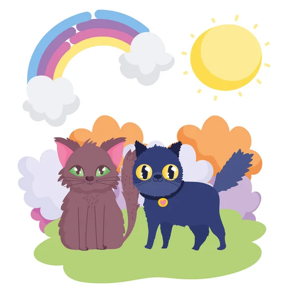 Brązowy kot i czarny kot z kołnierzem krajobraz zwierzęta — Wektor stockowy