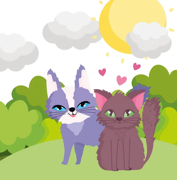 Desenhos animados gatos sentados no céu grama natureza animais de estimação —  Vetores de Stock