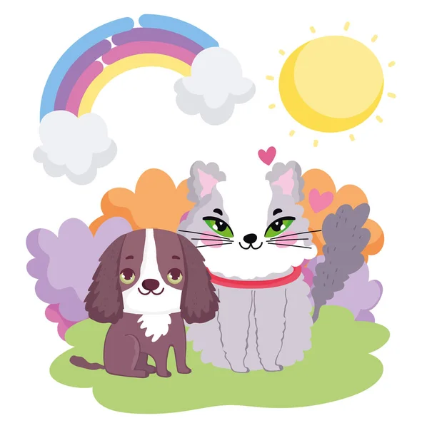 Pequeño perro y gato sentado en la hierba sol paisaje mascotas — Vector de stock