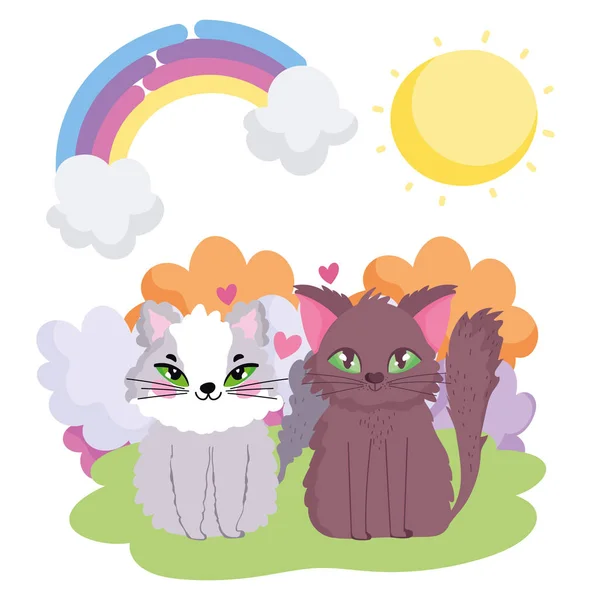 Adorables gatos sentado en la hierba sol tema mascotas — Vector de stock