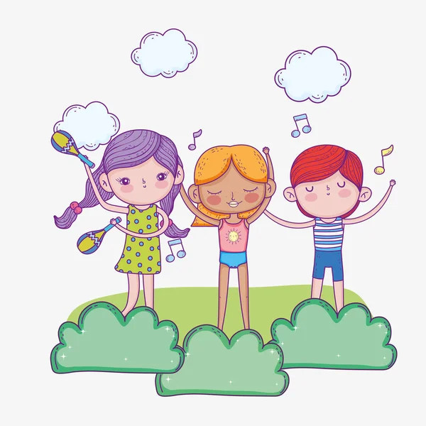 Fröhlicher Kindertag, niedliche Mädchen und Jungen singen und musizieren — Stockvektor