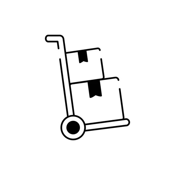 Carro de mano con cajas de cartón línea de entrega de carga icono de estilo — Vector de stock