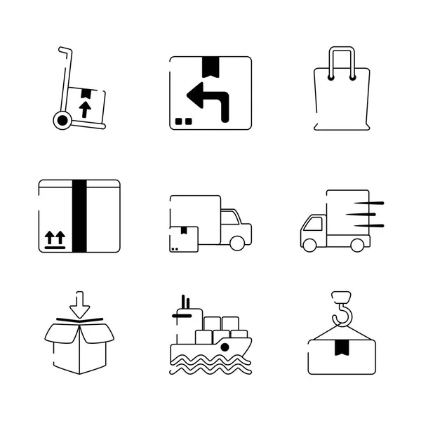 Pengiriman ikon logistik distribusi pengiriman kargo menata ikon gaya baris - Stok Vektor
