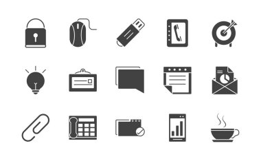 office supply equipment stationery icon set silhouette on white background