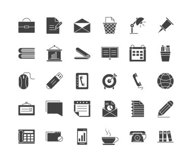 office supply equipment stationery icon set silhouette on white background