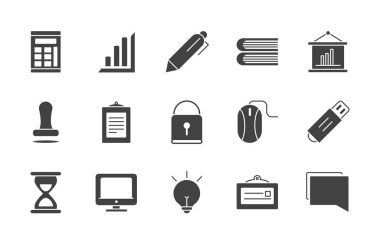 office supply equipment stationery icon set silhouette on white background