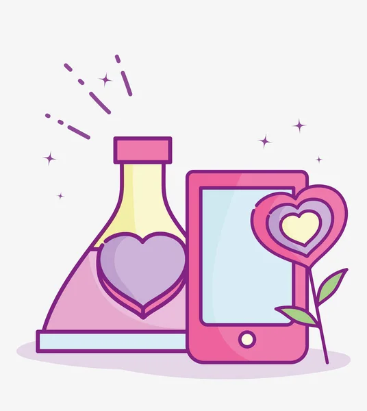 Happy valentines day, smartphone love bottle and flower heart — Wektor stockowy