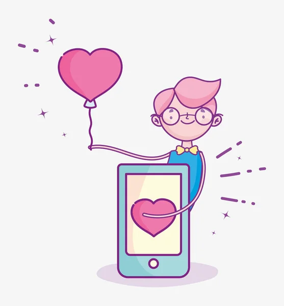 Happy valentines day, boy with smartphone balloon celebration — Stock Vector